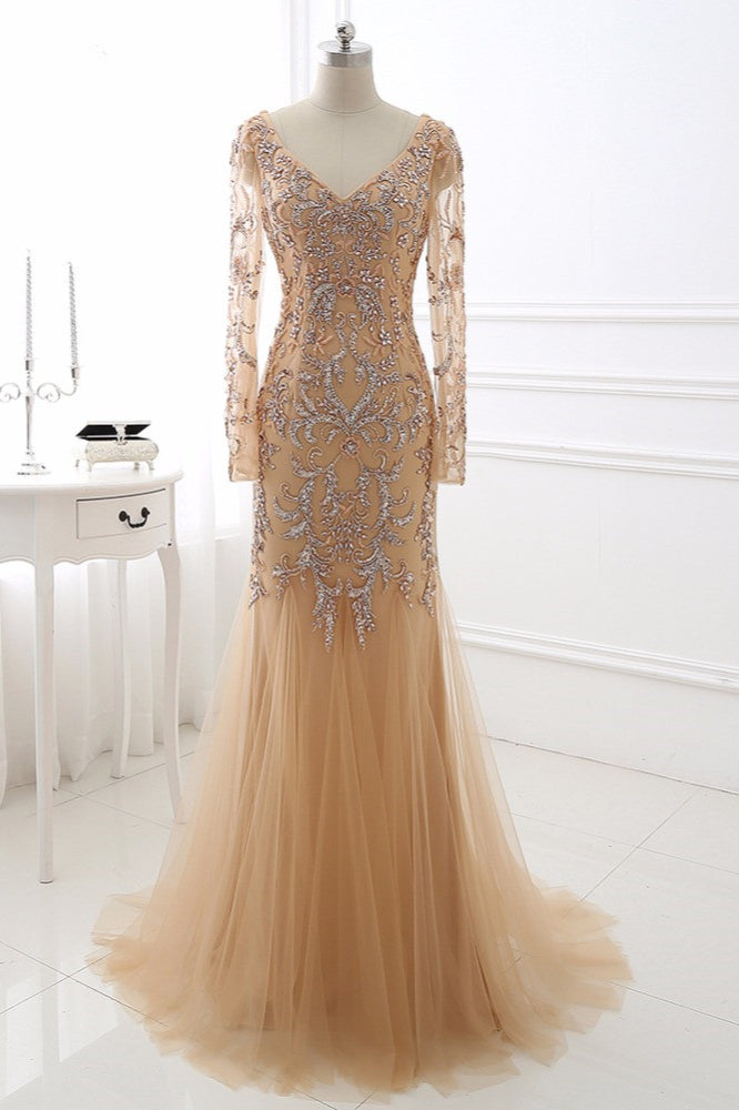 Elegant Tulle Appliques Mermaid Prom Dresses V-Neck Sleeveless Rhinestones Party Dresses On Sale - Fashionpara