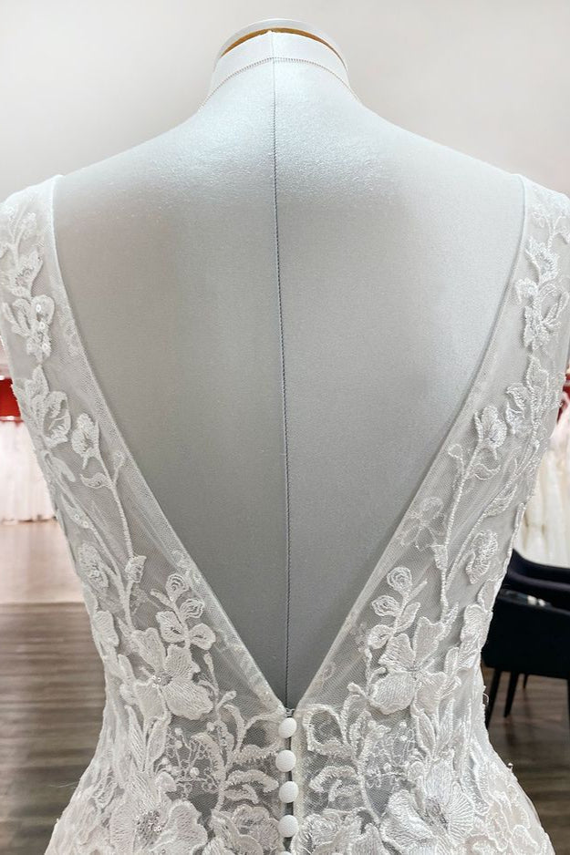 Elegant Tulle Deep V Neck Sleeveless Lace A-Line Weddding Dresses - Fashionpara