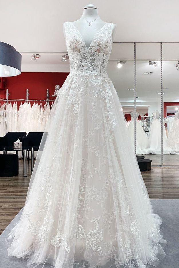 Elegant Tulle Deep V Neck Sleeveless Lace A-Line Weddding Dresses - Fashionpara