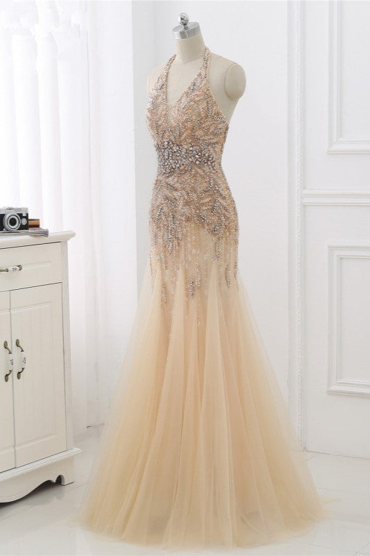 Elegant Tulle Halter Rhinestones Mermaid Prom Dresses Sleeveless Appliques - Fashionpara