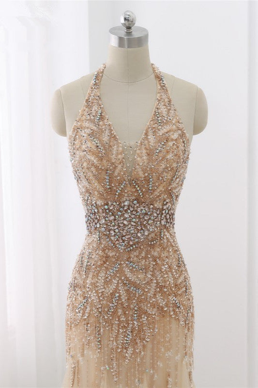 Elegant Tulle Halter Rhinestones Mermaid Prom Dresses Sleeveless Appliques - Fashionpara