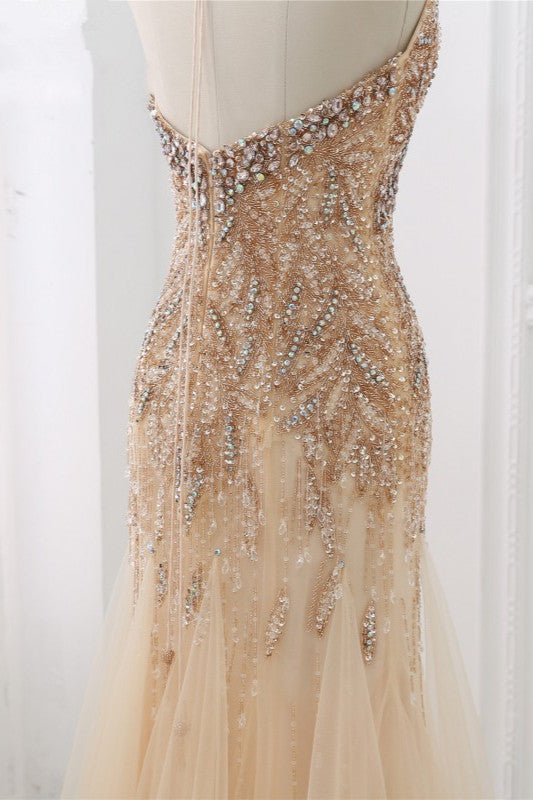 Elegant Tulle Halter Rhinestones Mermaid Prom Dresses Sleeveless Appliques - Fashionpara