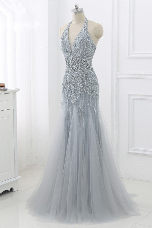 Elegant Tulle Halter Rhinestones Mermaid Prom Dresses Sleeveless Appliques - Fashionpara