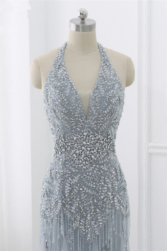 Elegant Tulle Halter Rhinestones Mermaid Prom Dresses Sleeveless Appliques - Fashionpara