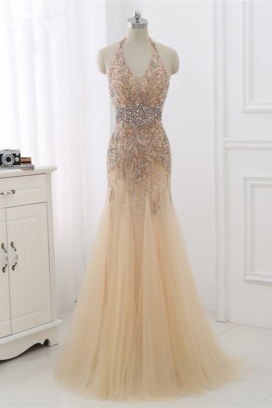 Elegant Tulle Halter Rhinestones Mermaid Prom Dresses Sleeveless Appliques - Fashionpara