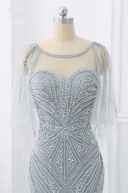 Elegant Tulle Jewel Beadings Mermaid Prom Dresses with Ruffles - Fashionpara