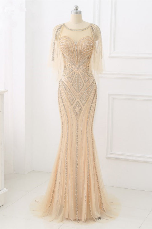 Elegant Tulle Jewel Beadings Mermaid Prom Dresses with Ruffles - Fashionpara