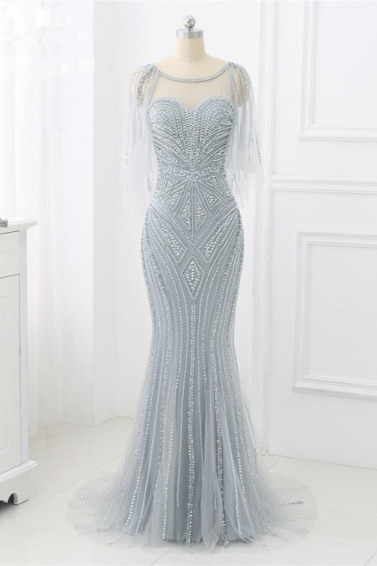 Elegant Tulle Jewel Beadings Mermaid Prom Dresses with Ruffles - Fashionpara