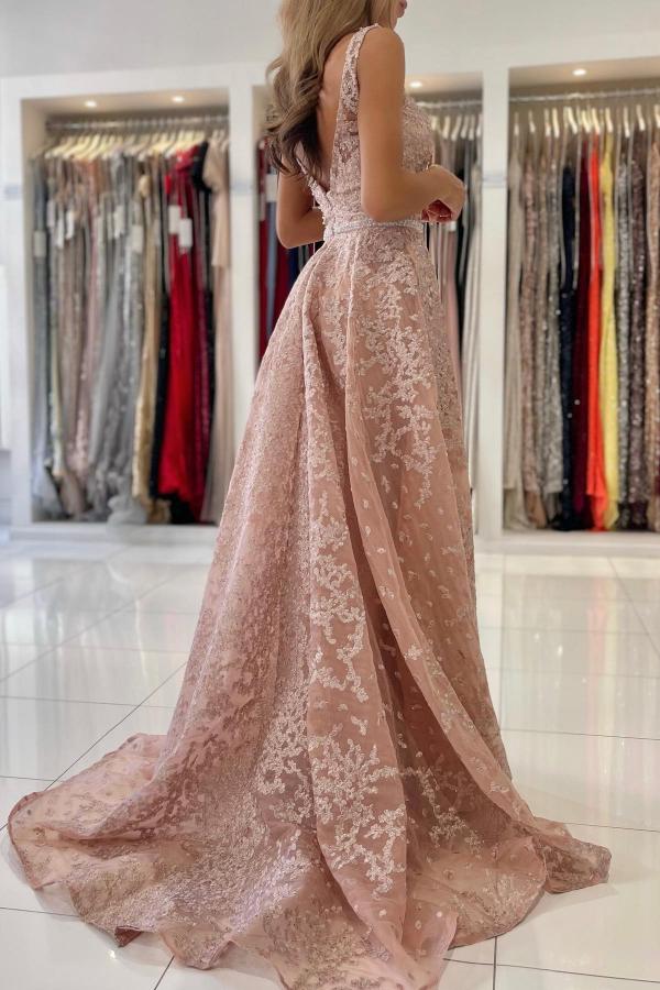 Elegant V-Neck Beadings Pearls Mermaid Evening Dress Sleeveless Prom Dress Lace Appliques with Train - Fashionpara