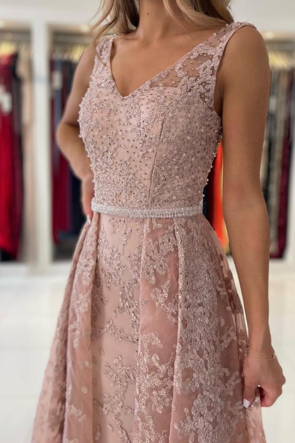 Elegant V-Neck Beadings Pearls Mermaid Evening Dress Sleeveless Prom Dress Lace Appliques with Train - Fashionpara