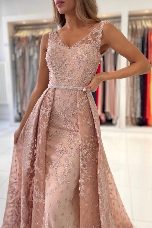 Elegant V-Neck Beadings Pearls Mermaid Evening Dress Sleeveless Prom Dress Lace Appliques with Train - Fashionpara