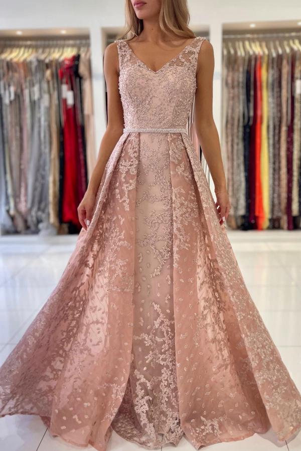 Elegant V-Neck Beadings Pearls Mermaid Evening Dress Sleeveless Prom Dress Lace Appliques with Train - Fashionpara