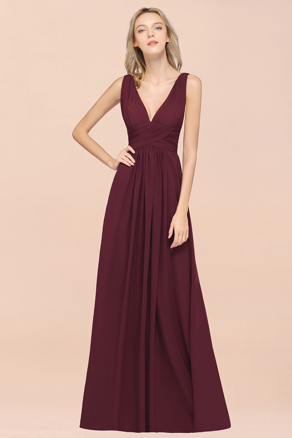 Elegant V-Neck Burgundy Chiffon Affordable Bridesmaid Dresses with Ruffle - Fashionpara
