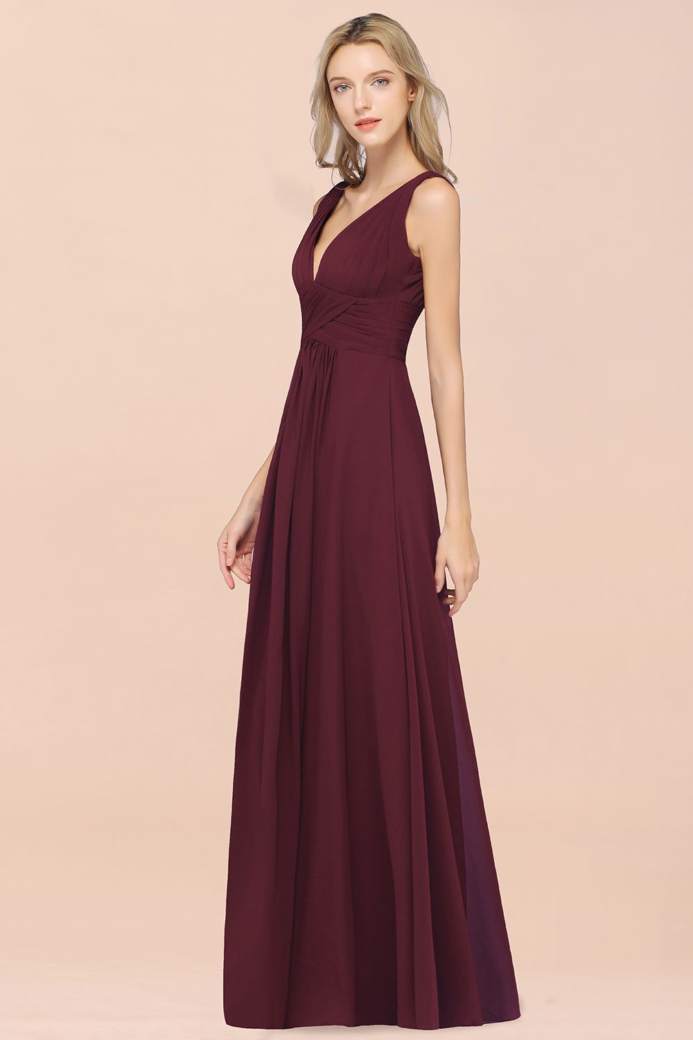 Elegant V-Neck Burgundy Chiffon Affordable Bridesmaid Dresses with Ruffle - Fashionpara