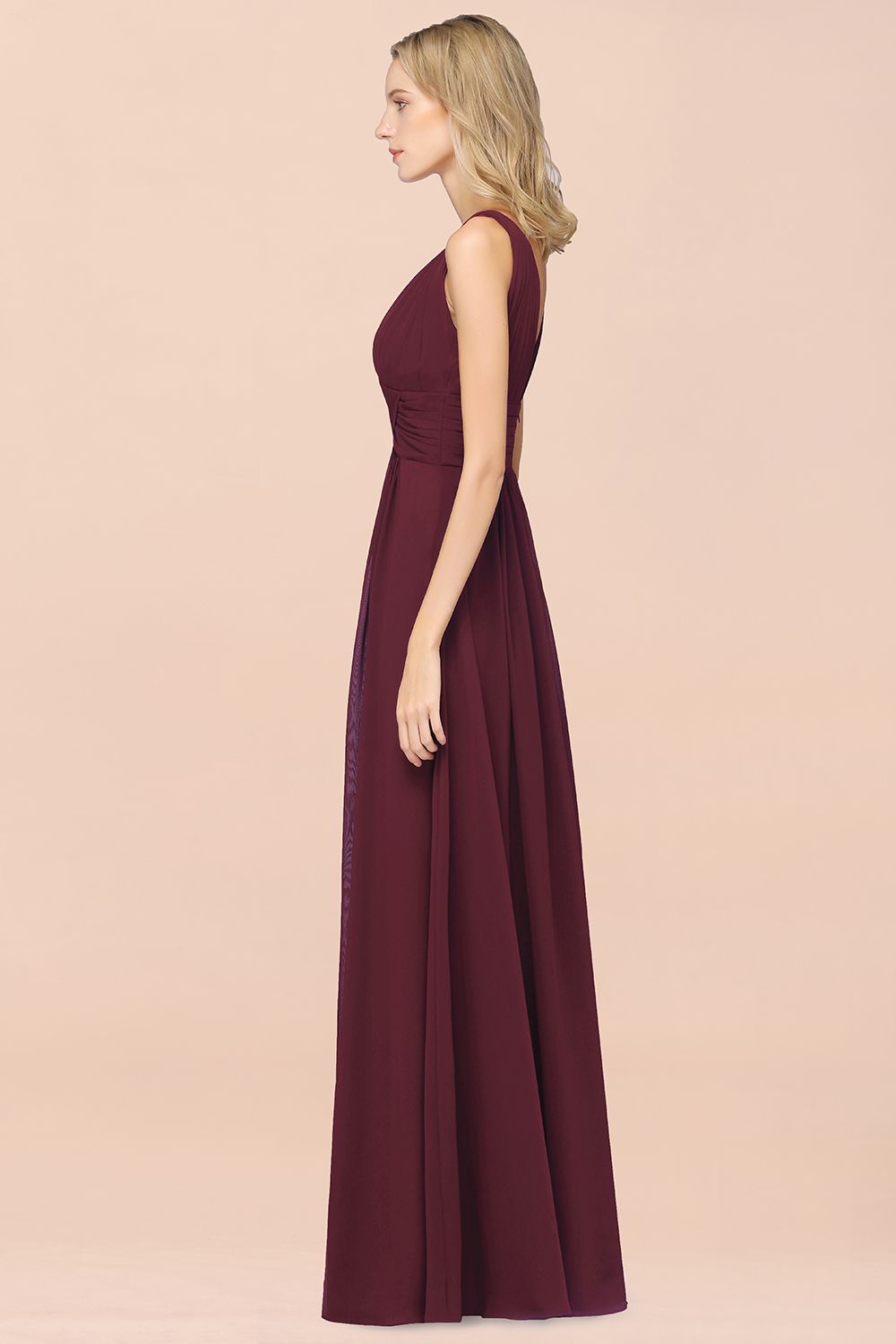 Elegant V-Neck Burgundy Chiffon Affordable Bridesmaid Dresses with Ruffle - Fashionpara