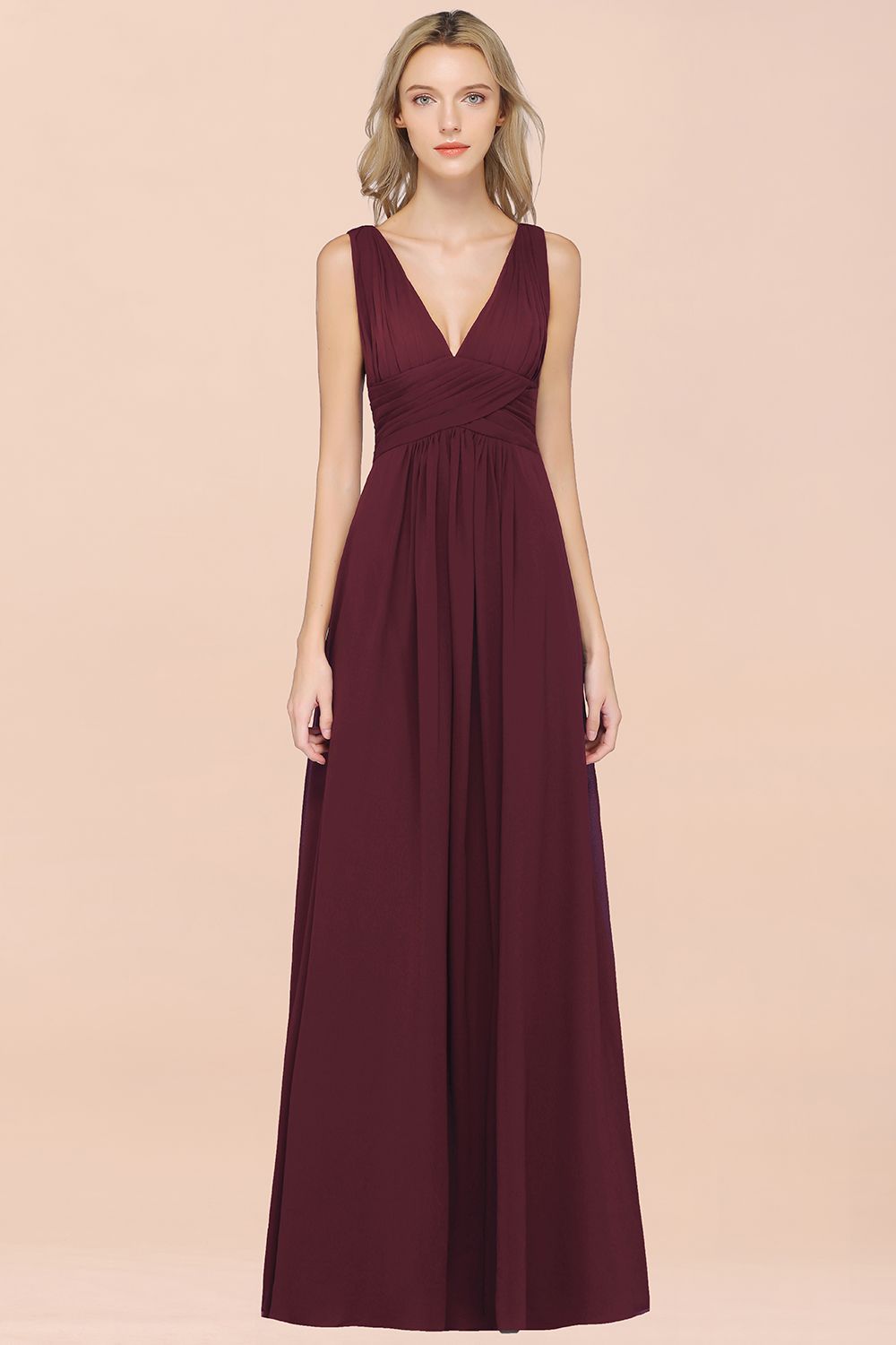 Elegant V-Neck Burgundy Chiffon Affordable Bridesmaid Dresses with Ruffle
