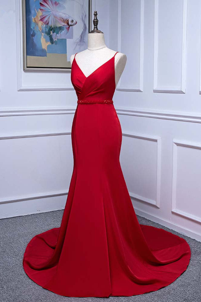 Elegant V-Neck Burgundy Prom Dresses Spaghetti Straps with Beadings Sash - Fashionpara