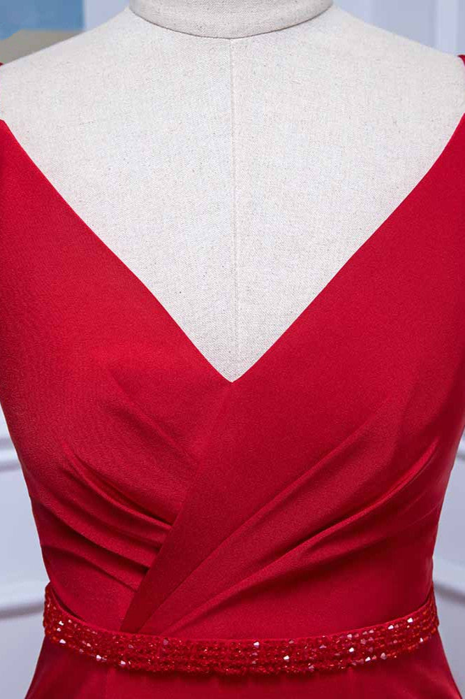 Elegant V-Neck Burgundy Prom Dresses Spaghetti Straps with Beadings Sash - Fashionpara
