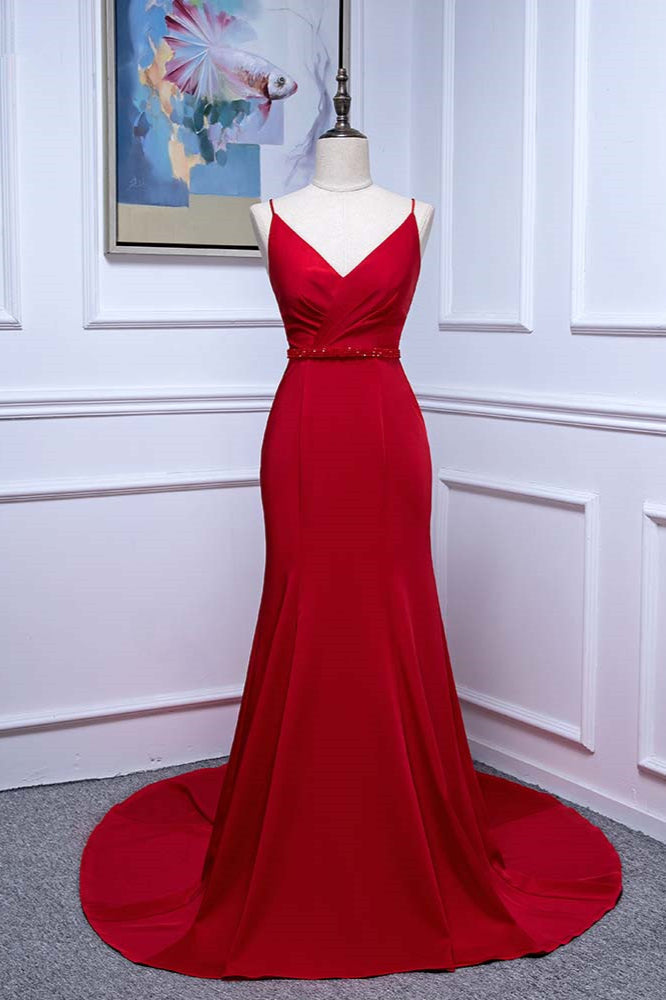 Elegant V-Neck Burgundy Prom Dresses Spaghetti Straps with Beadings Sash - Fashionpara