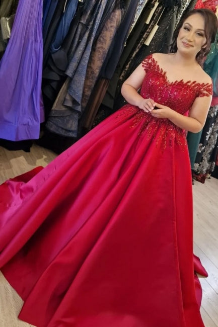 Elegant V-Neck Cap Sleeves A-Line Satin Wedding Gown - Fashionpara