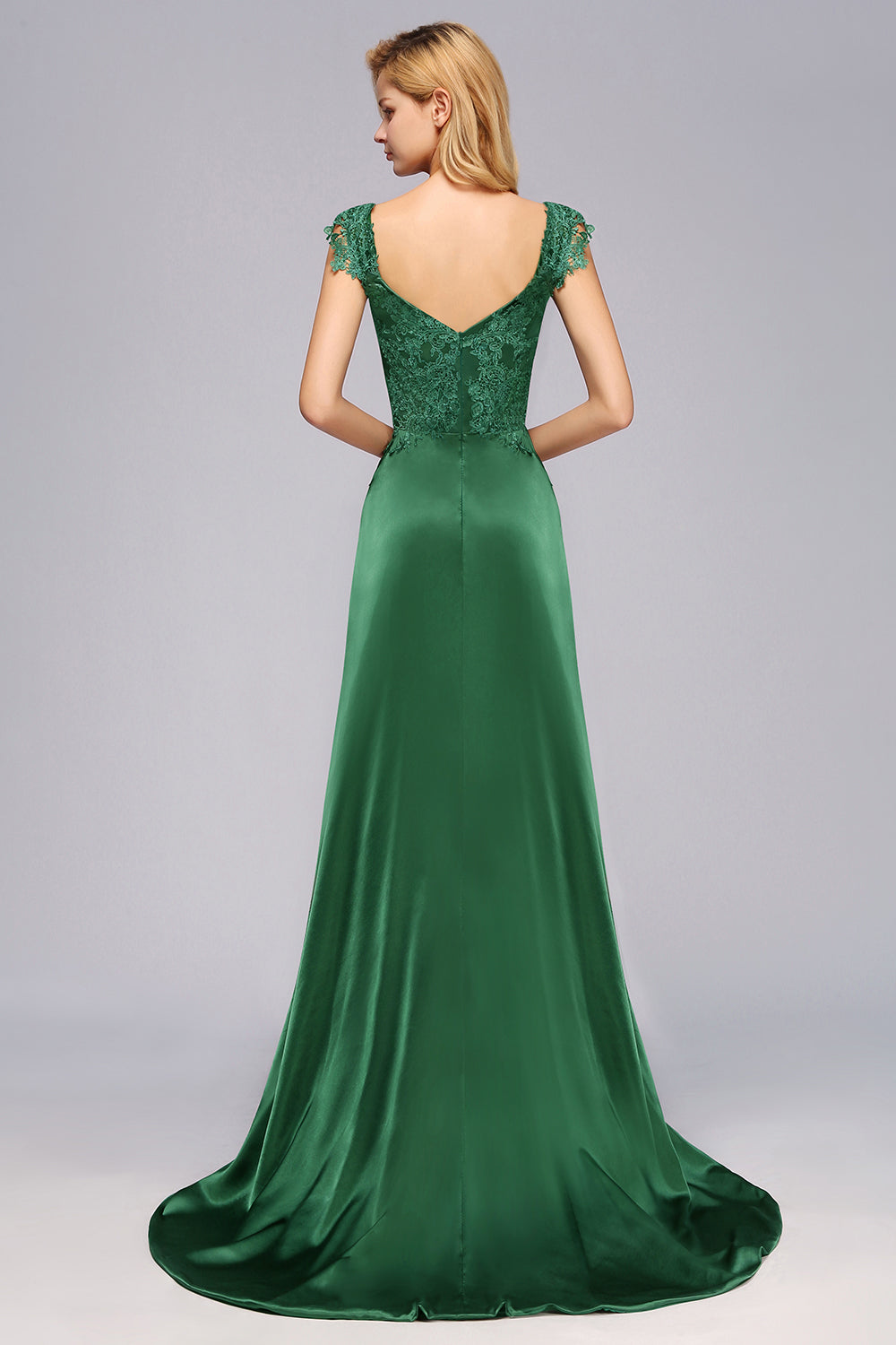 Elegant V-Neck Dark Green Lace Bridesmaid dresses with Front-Slit - Fashionpara
