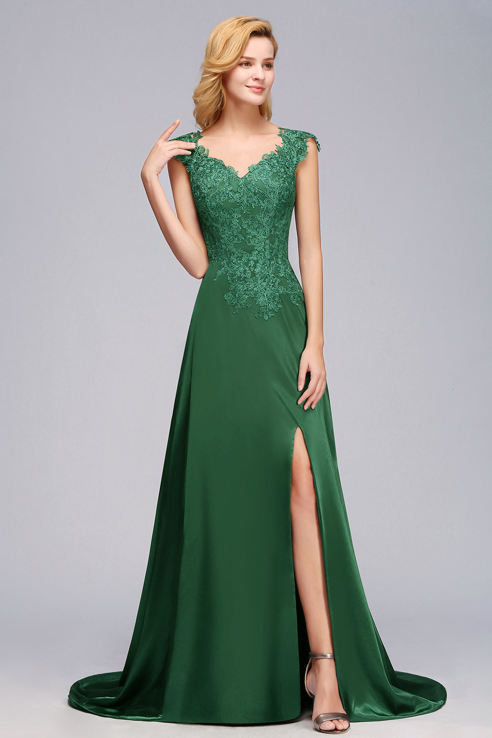 Elegant V-Neck Dark Green Lace Bridesmaid dresses with Front-Slit - Fashionpara