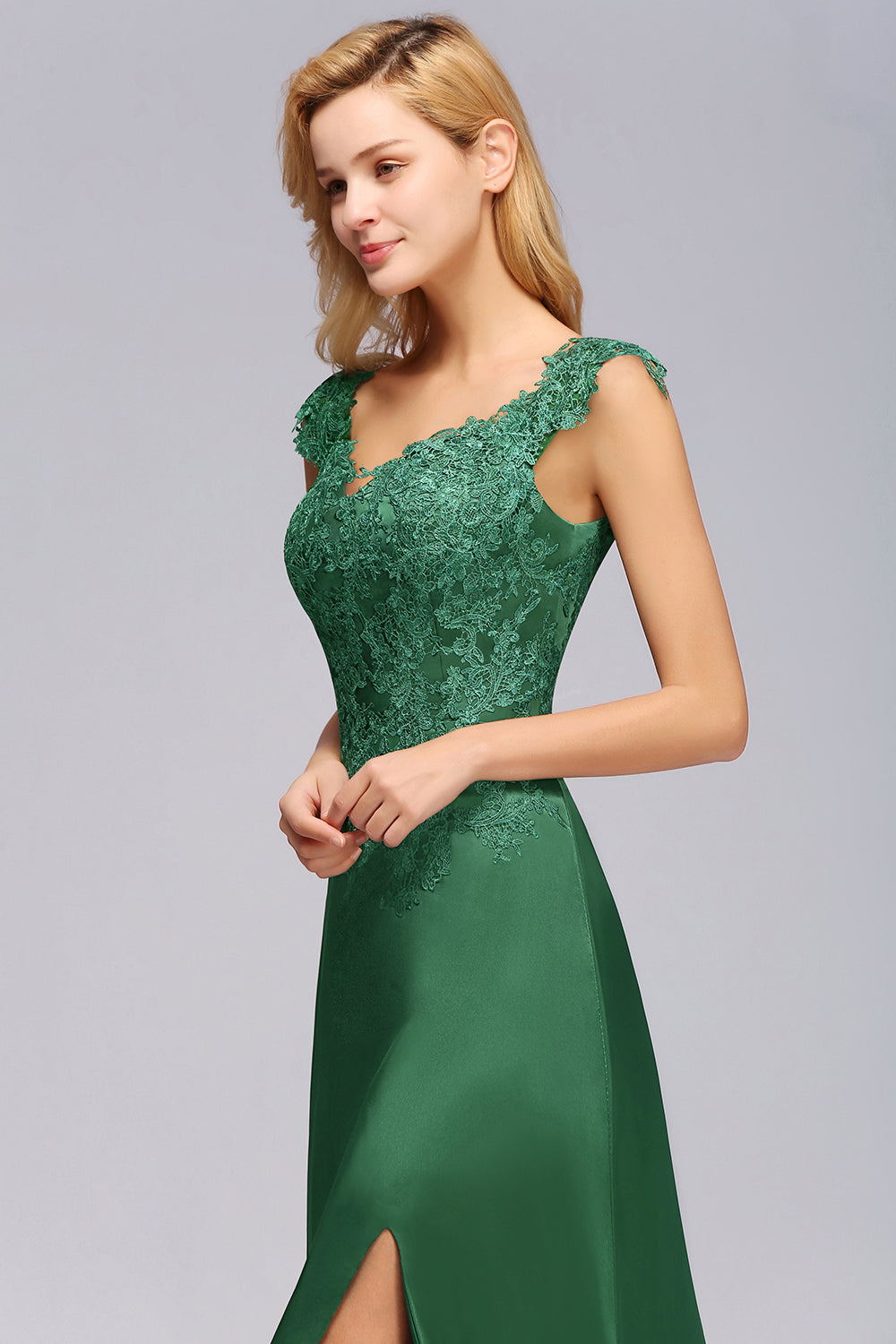 Elegant V-Neck Dark Green Lace Bridesmaid dresses with Front-Slit - Fashionpara