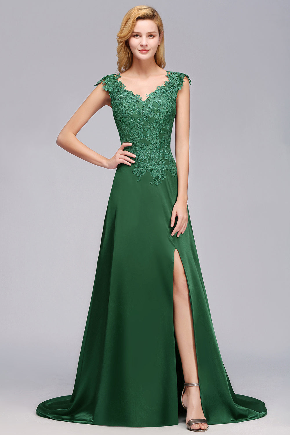 Elegant V-Neck Dark Green Lace Bridesmaid dresses with Front-Slit - Fashionpara