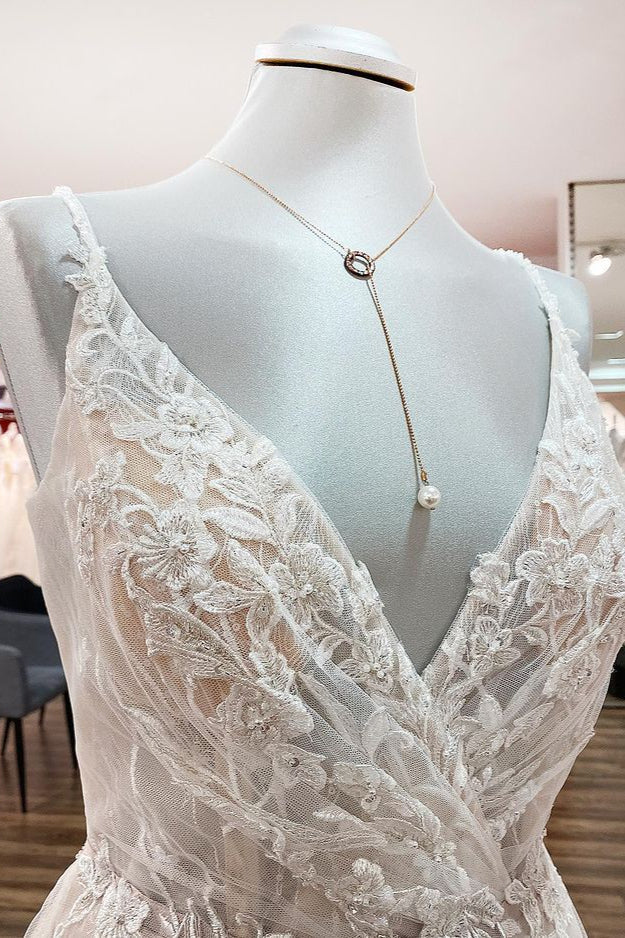 Elegant V Neck Ivory Sleeveless Ruffles A-Line Wedding Dresses - Fashionpara