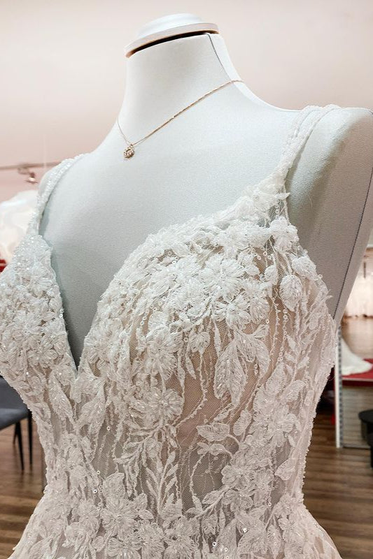 Elegant V Neck Ivory Sleeveless Ruffles A-Line Wedding Dresses - Fashionpara
