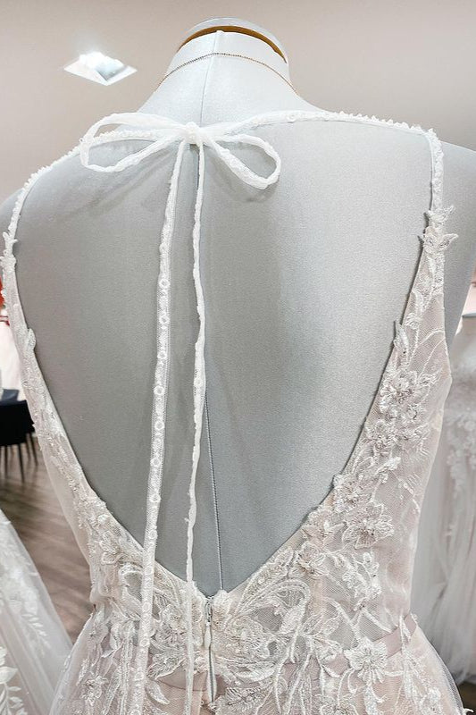 Elegant V Neck Ivory Sleeveless Ruffles A-Line Wedding Dresses - Fashionpara