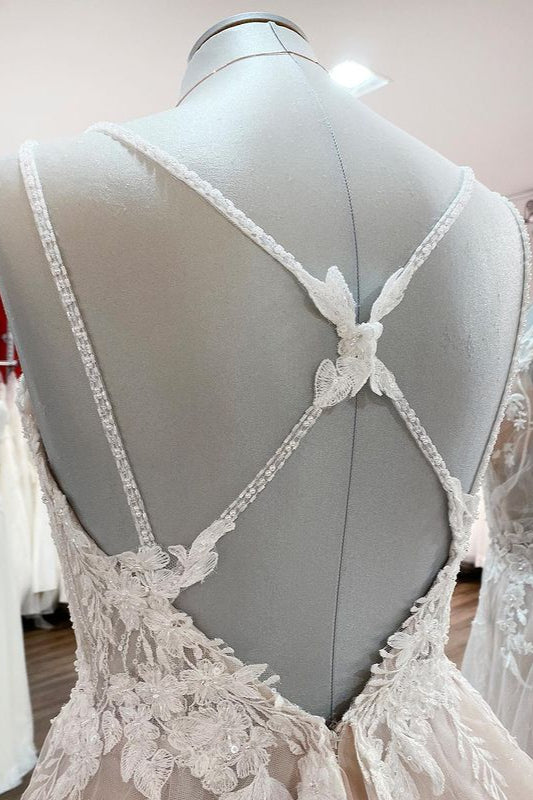 Elegant V Neck Ivory Sleeveless Ruffles A-Line Wedding Dresses - Fashionpara