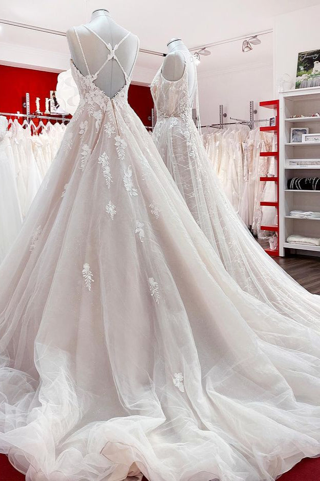 Elegant V Neck Ivory Sleeveless Ruffles A-Line Wedding Dresses - Fashionpara
