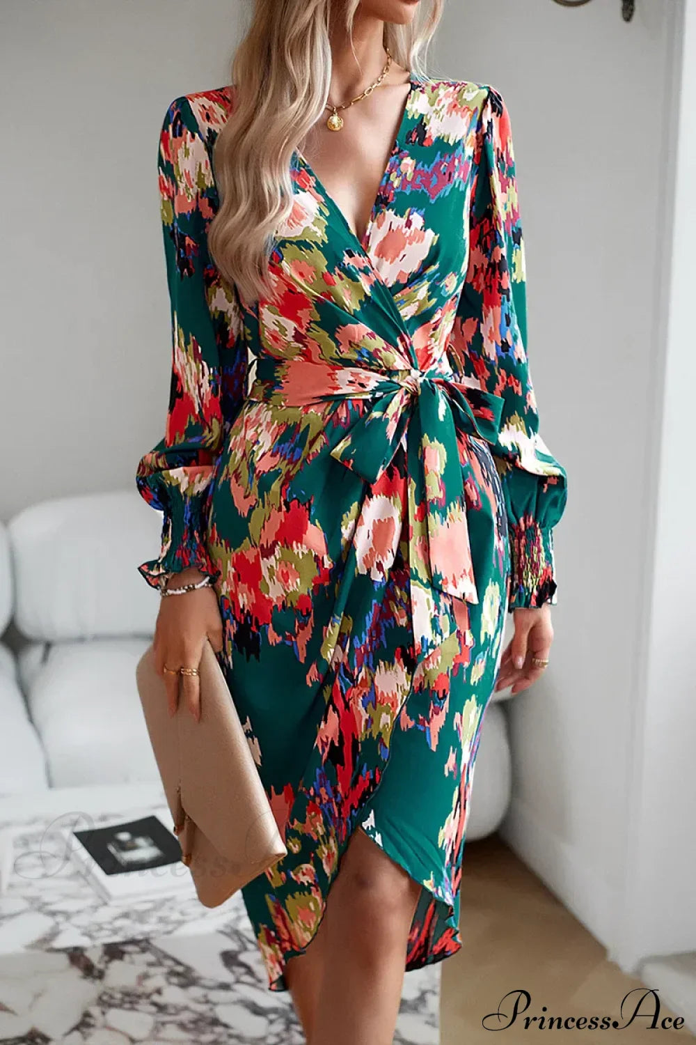 Elegant V-neck Long Boho Printed Dress dark green / S bohodress-250126