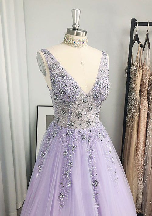 Elegant V-Neck Long Tulle Prom Dress/Evening Dress With Beading Sequins - Fashionpara