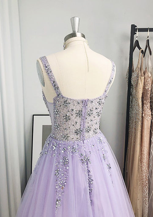 Elegant V-Neck Long Tulle Prom Dress/Evening Dress With Beading Sequins - Fashionpara