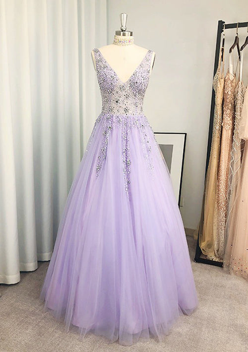 Elegant V-Neck Long Tulle Prom Dress/Evening Dress With Beading Sequins - Fashionpara