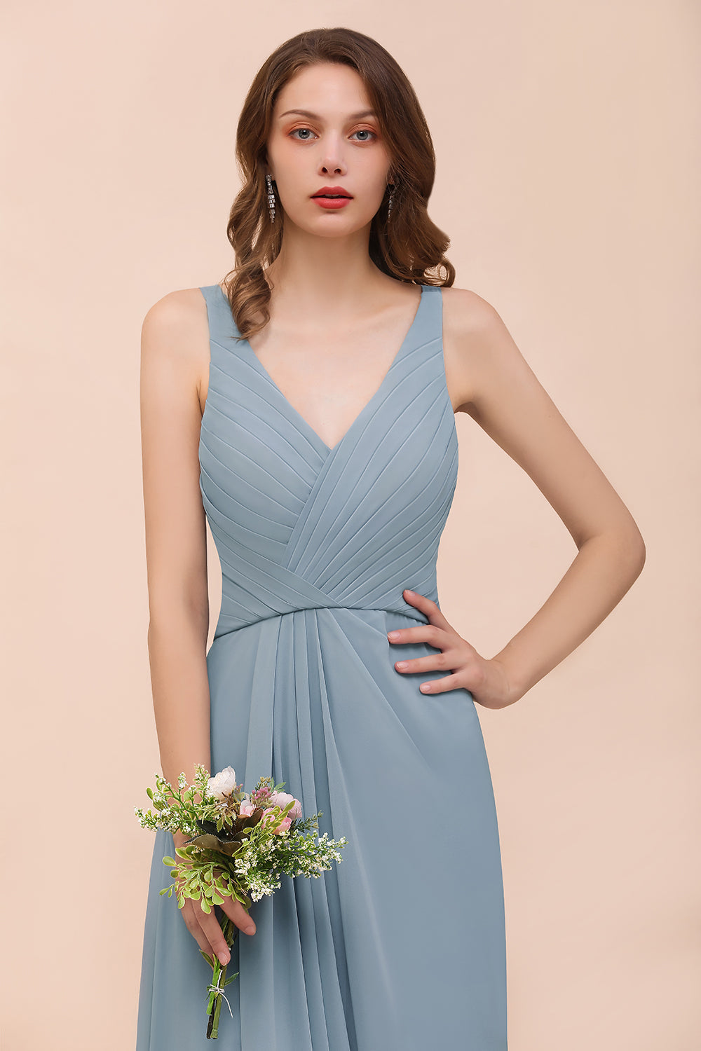 Elegant V-Neck Ruffle Dusty Blue Chiffon Bridesmaid dresses - Fashionpara