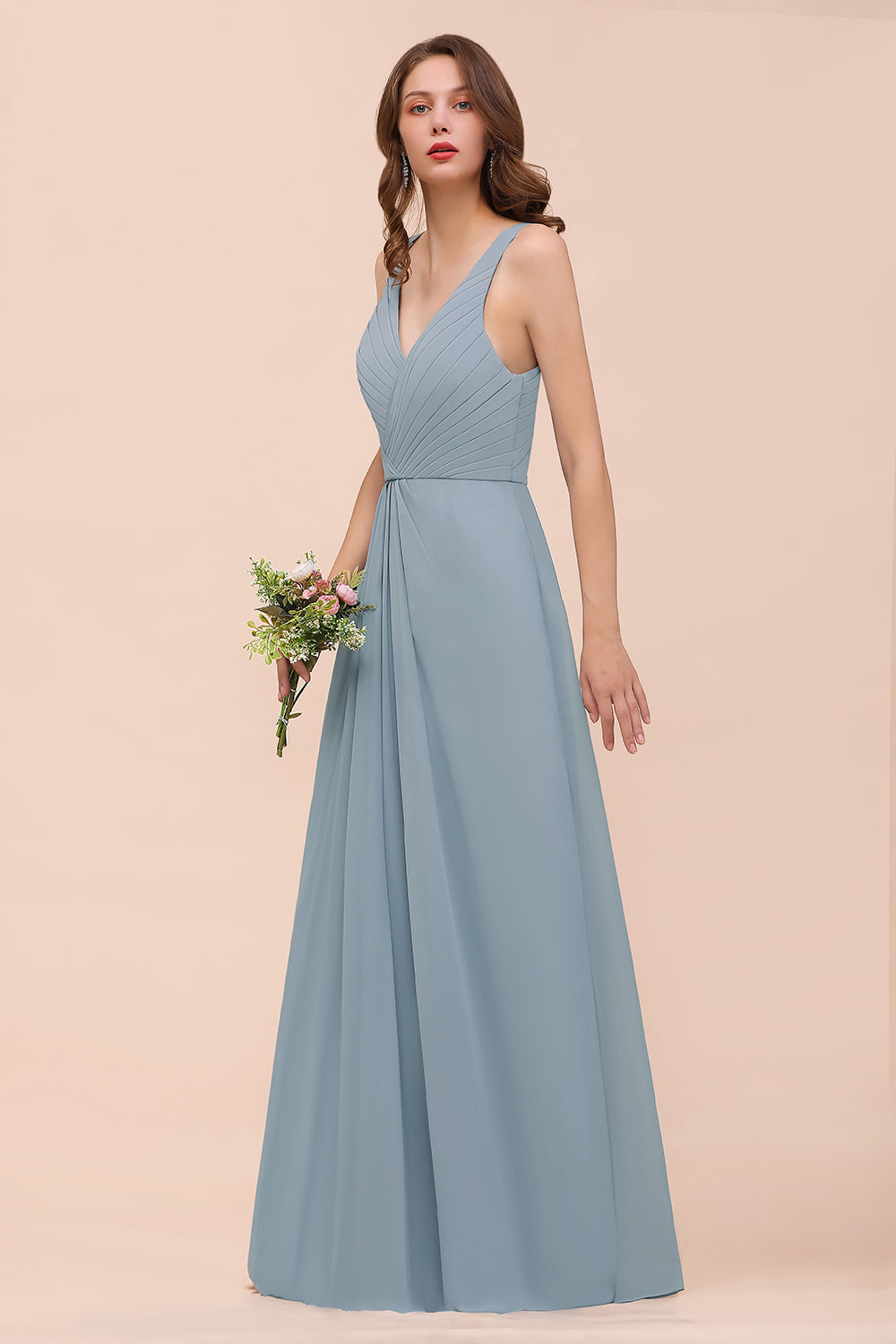 Elegant V-Neck Ruffle Dusty Blue Chiffon Bridesmaid dresses - Fashionpara