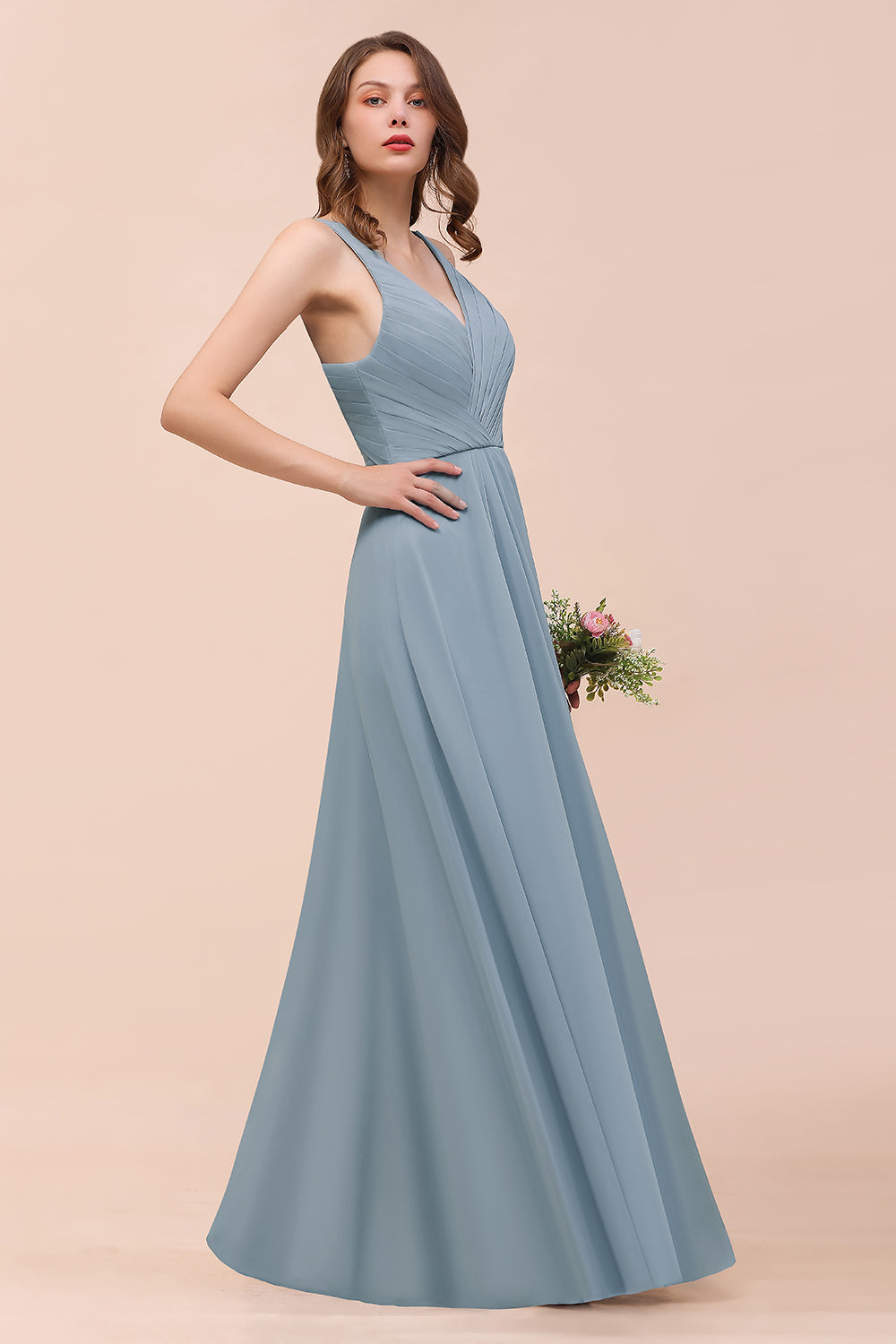 Elegant V-Neck Ruffle Dusty Blue Chiffon Bridesmaid dresses - Fashionpara