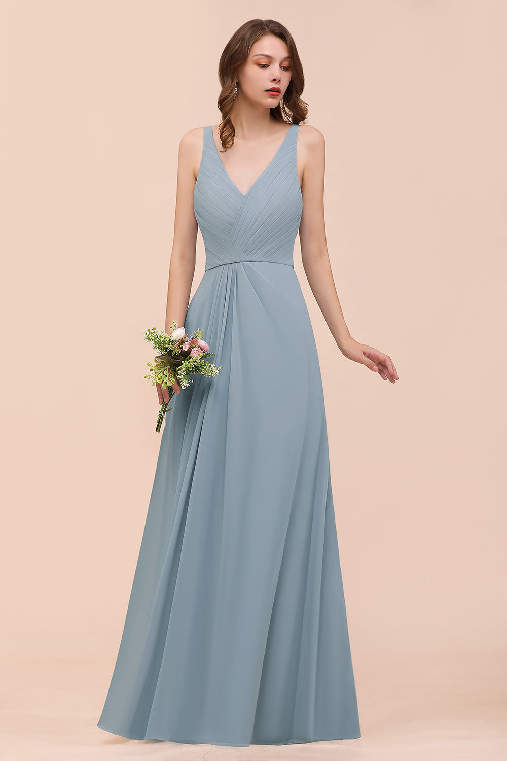 Elegant V-Neck Ruffle Dusty Blue Chiffon Bridesmaid dresses - Fashionpara
