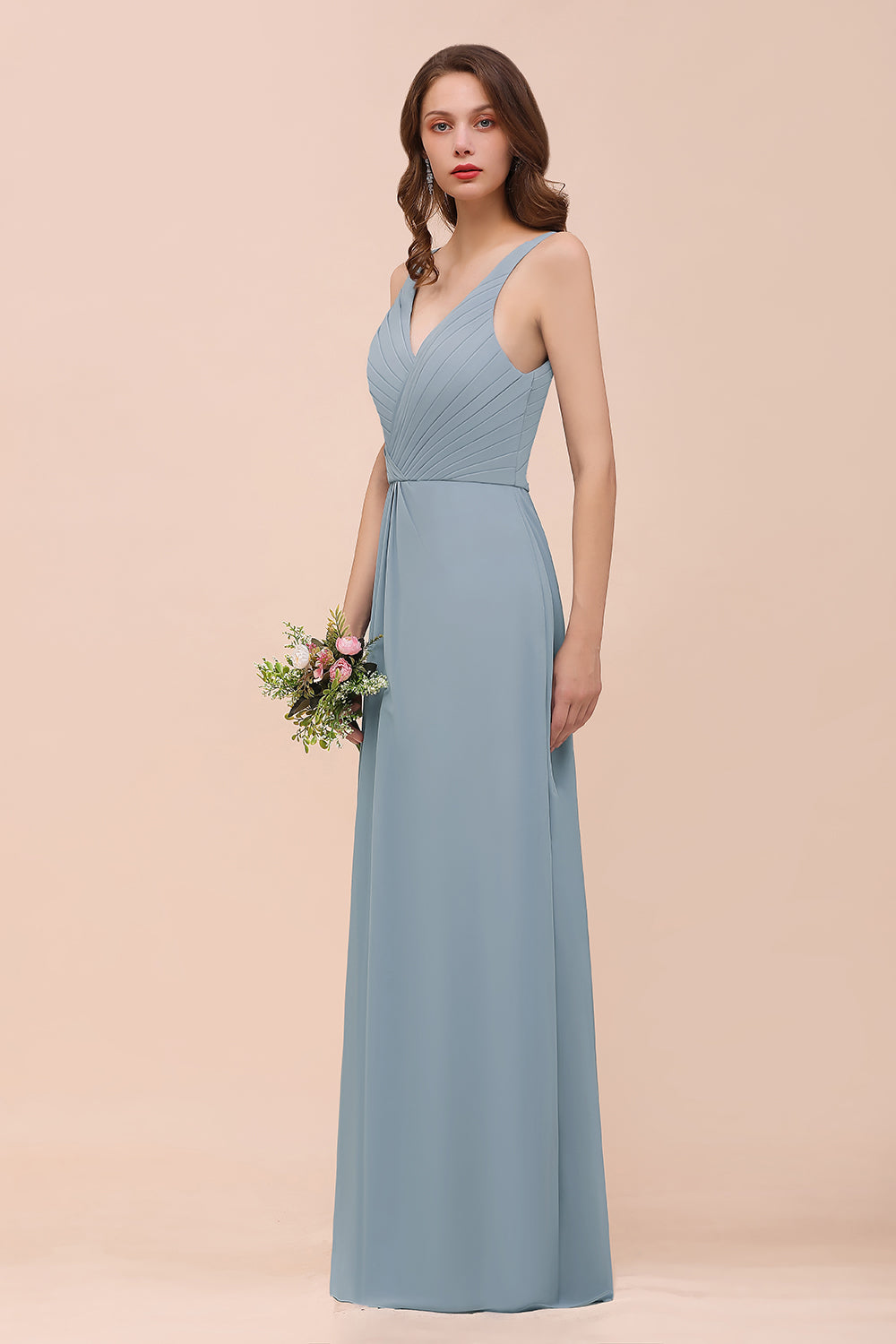 Elegant V-Neck Ruffle Dusty Blue Chiffon Bridesmaid dresses - Fashionpara