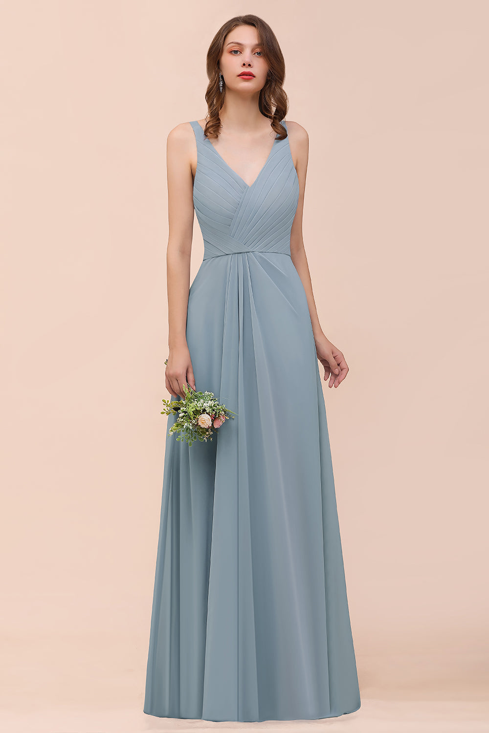 Elegant V-Neck Ruffle Dusty Blue Chiffon Bridesmaid dresses - Fashionpara