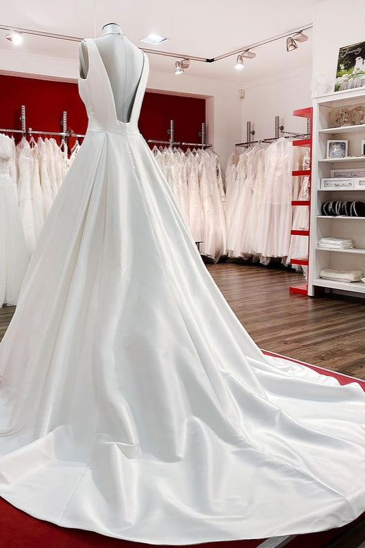 Elegant V Neck Satin White Ruffles Wedding Dresses Long - Fashionpara