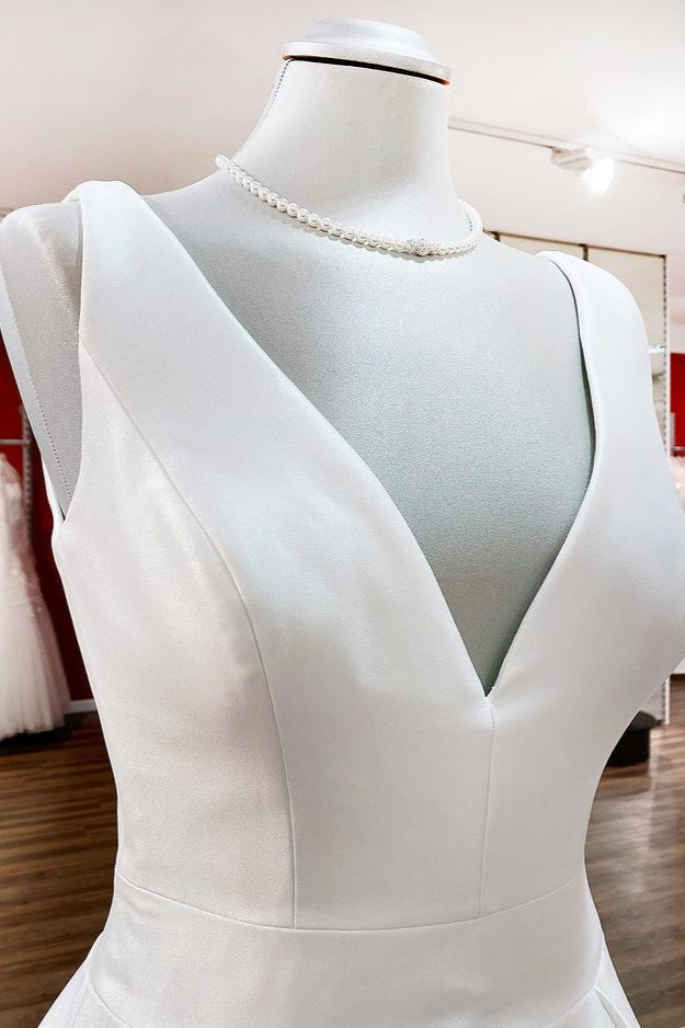 Elegant V Neck Satin White Ruffles Wedding Dresses Long - Fashionpara