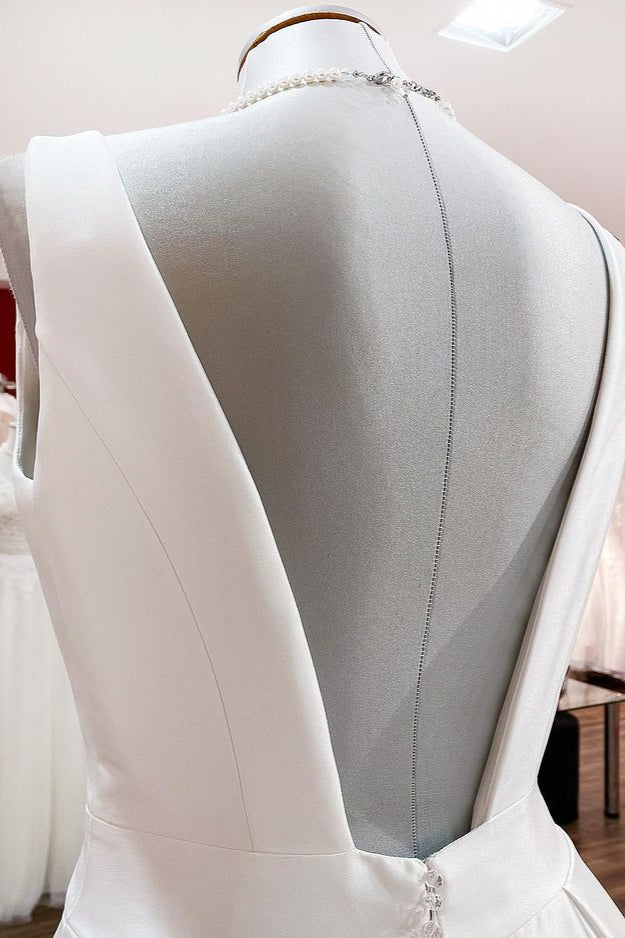 Elegant V Neck Satin White Ruffles Wedding Dresses Long - Fashionpara