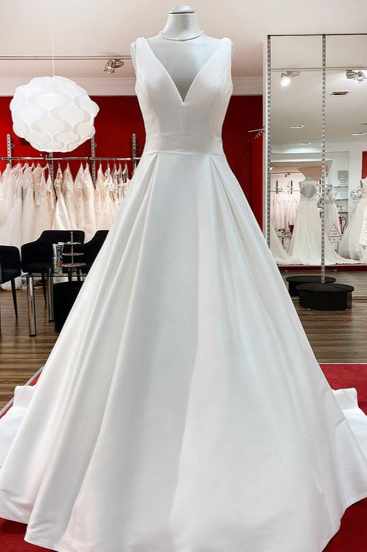 Elegant V Neck Satin White Ruffles Wedding Dresses Long - Fashionpara