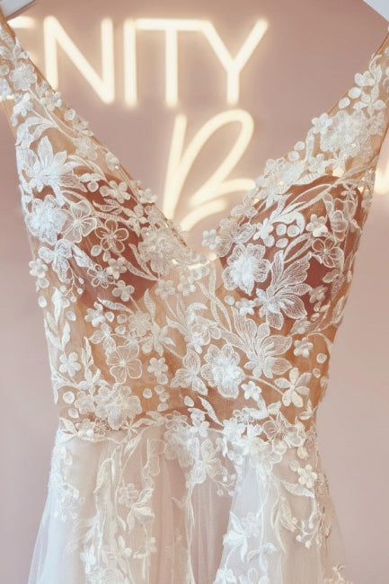 Elegant V-Neck Sleeveless A-Line Backless Lace Wedding Gown - Fashionpara
