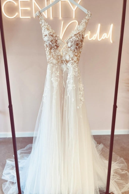 Elegant V-Neck Sleeveless A-Line Backless Lace Wedding Gown - Fashionpara