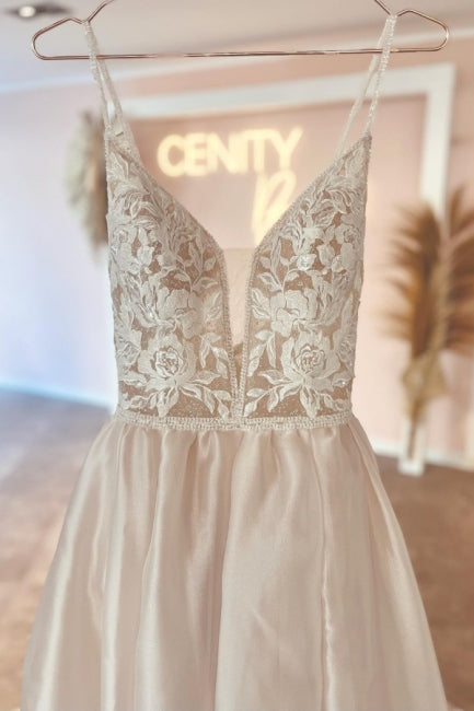 Elegant V-Neck Spaghetti Straps Sleeveless A-Line Wedding Dress in Delicate Lace - Fashionpara